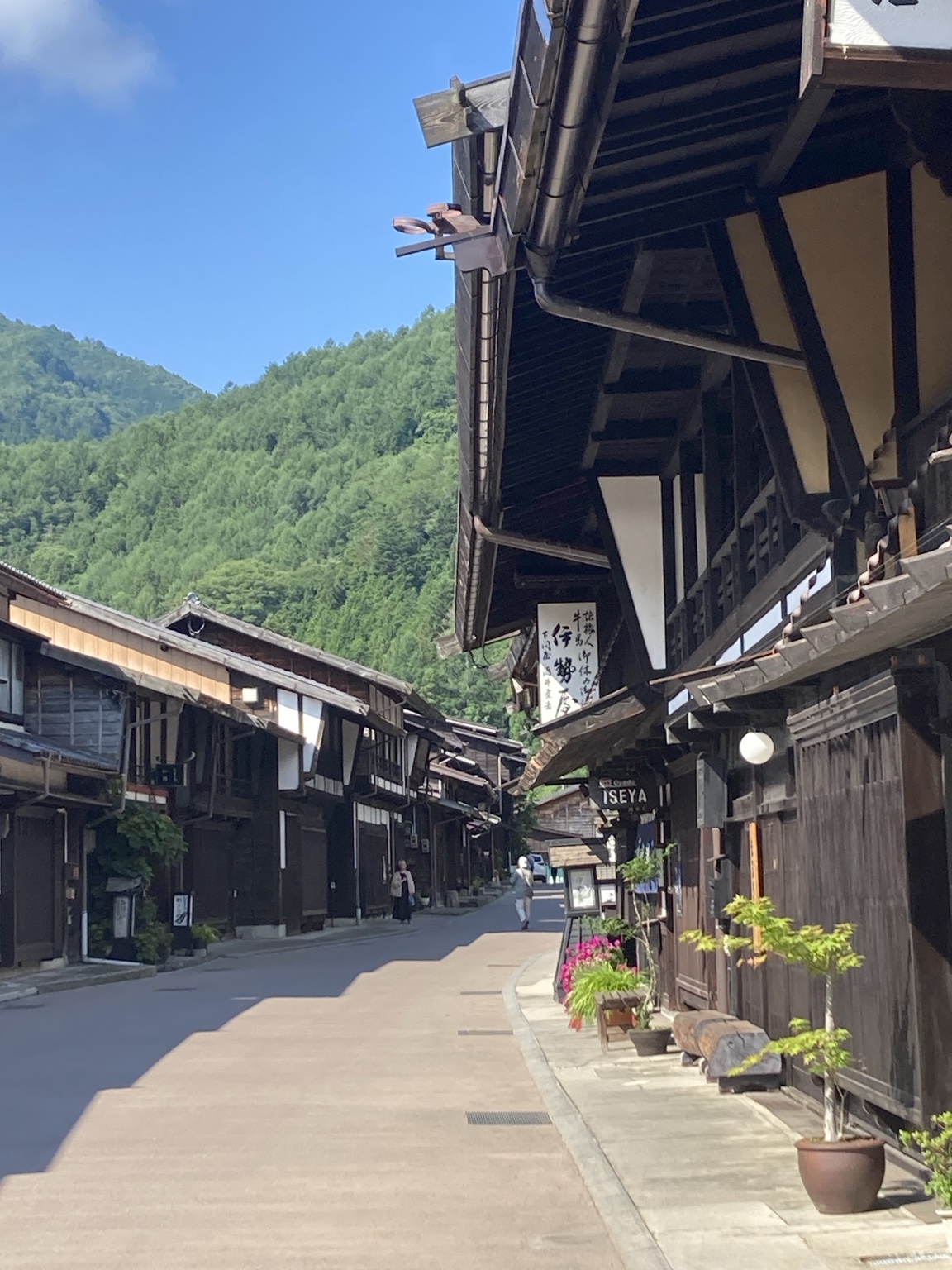 軒先の花と木造建築が並ぶ奈良井宿