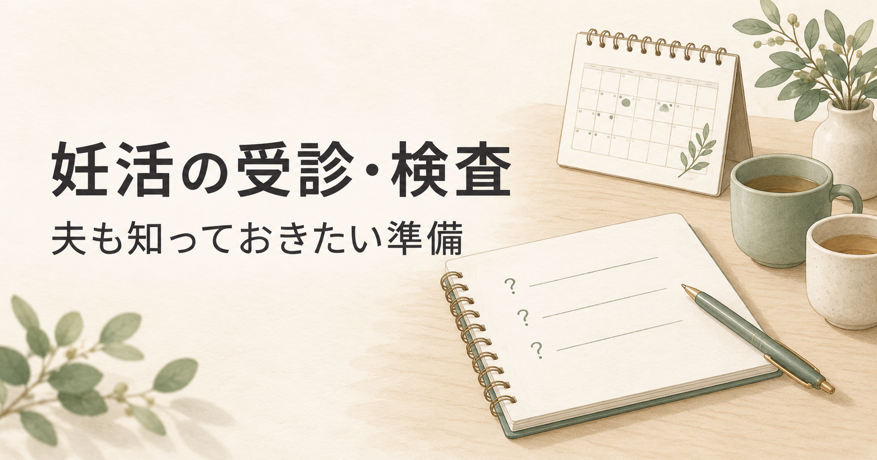 「妊活の受診・検査 夫も知っておきたい準備」の文字と、質問用のノート、ペン、カレンダーのイラスト